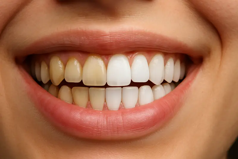 Sonrisa con la mitad de los dientes más blancos que la otra mitad
