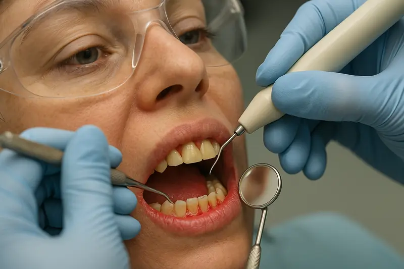 Dentista realizando una limpieza y revisión de encías a una paciente